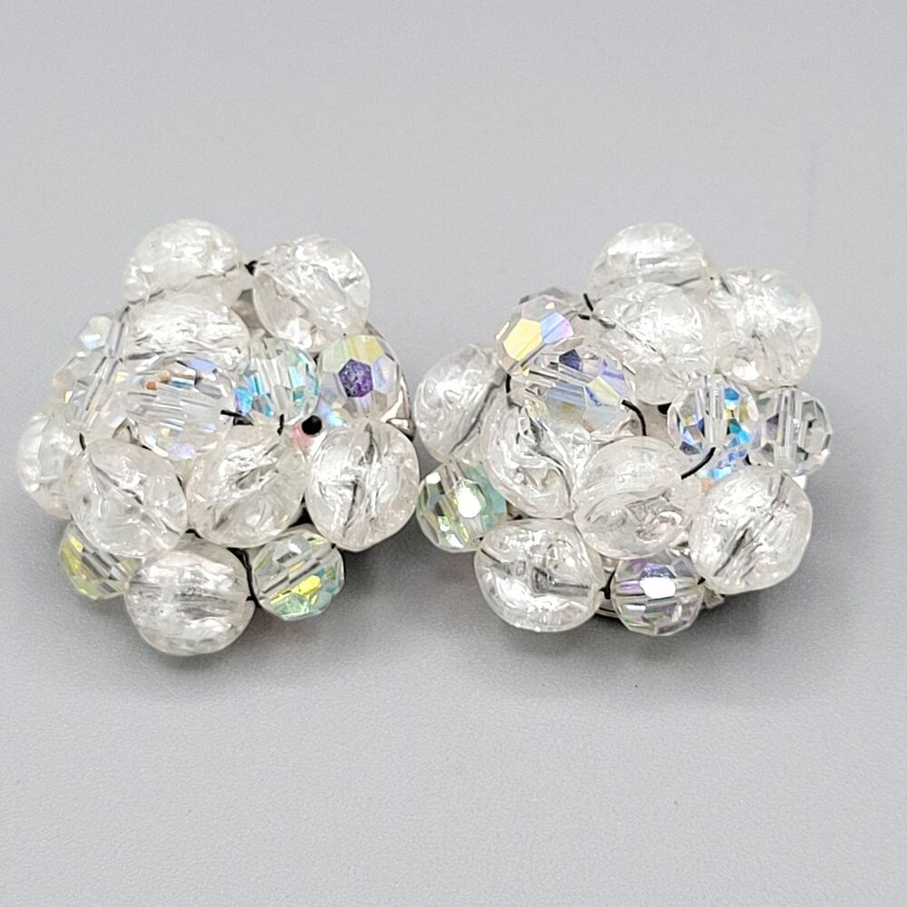 AB Aurora Borealis Crystal Cluster Beaded Clip On Earrings Vintage 1960s